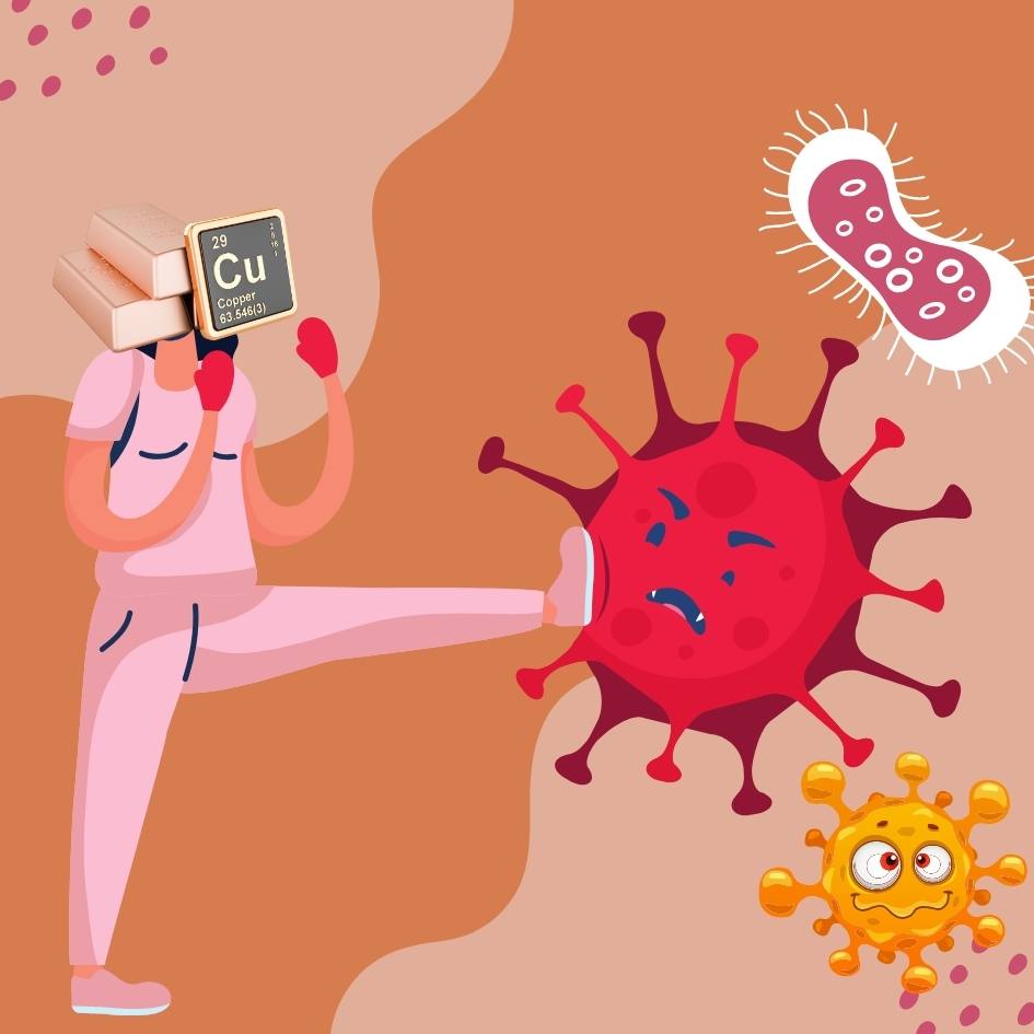 A funny image of Copper playfully kicks a virus, symbolizing triumph over infections